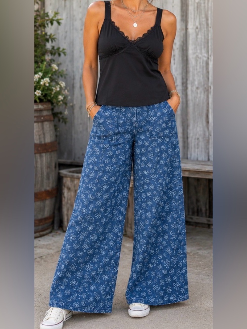 Women's Blue Floral Wide Leg Jeans